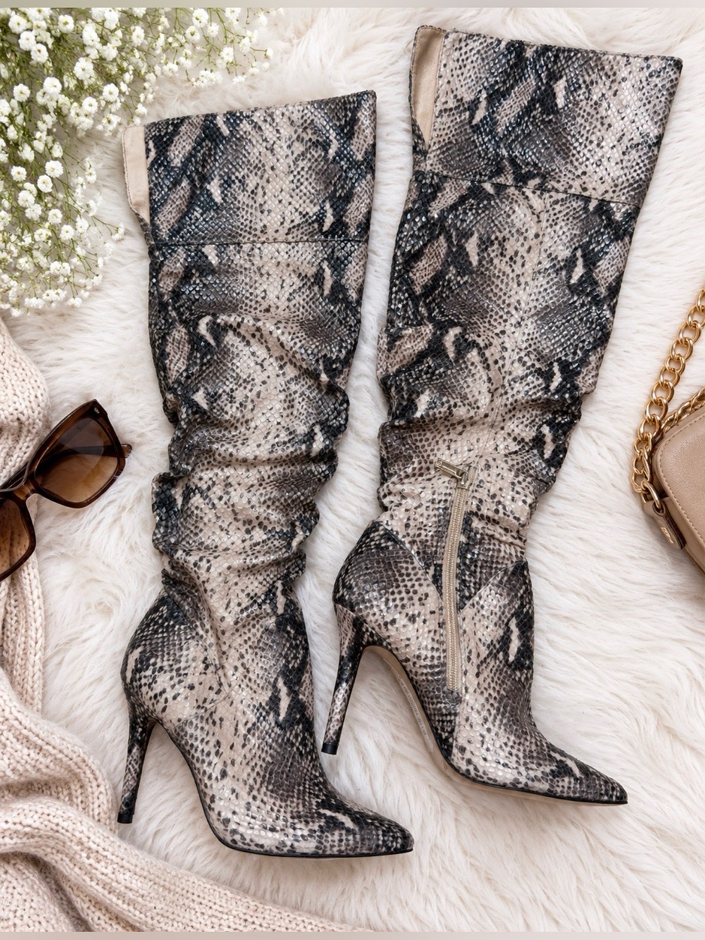 Snake-Print Over-the-Knee Stiletto Boots - Beige/Black